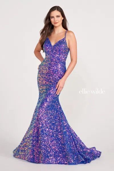 Ellie Wilde Ew34016 Long Mermaid Sequin Formal Prom Gown In Purple