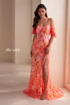 Ellie Wilde Ew34034 Fitted Long Formal Feather Prom Dress In Orange