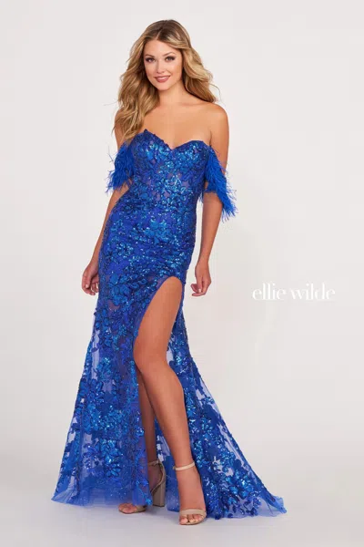 Ellie Wilde Ew34034 Long Fitted Formal Detachable Sleeve Prom Gown In Blue