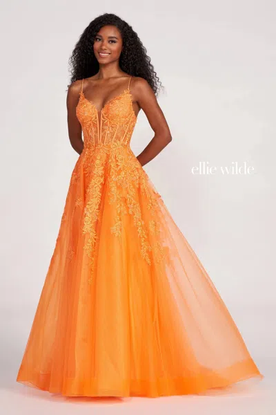 Ellie Wilde Ew34036 Long A Line Dress Prom Ball Gown In Orange