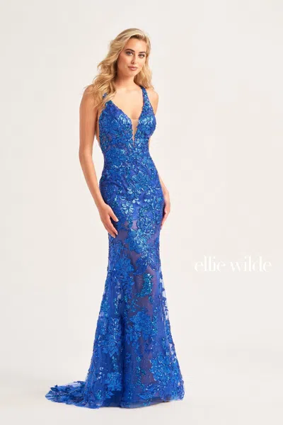 Ellie Wilde Ew34040 Long Formal Fitted Sequin Prom Dress In Blue