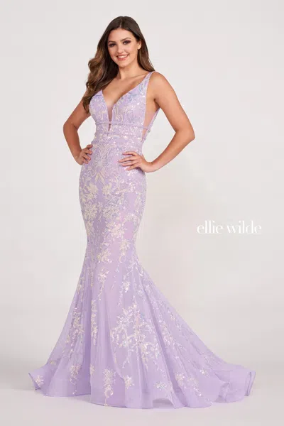 Ellie Wilde Ew34041 Beaded Prom Dress Long Fitted Formal Gown In Purple