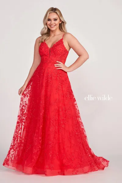 Ellie Wilde Ew34048 Prom Formal Floral Beaded Long Ball Gown In Red