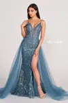 Ellie Wilde Ew34058 Long Fitted Overskirt Prom Formal Dress In Blue