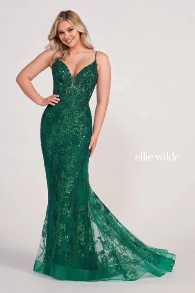 Ellie Wilde Ew34061 Long Fitted Applique Evening Prom Gown In Green