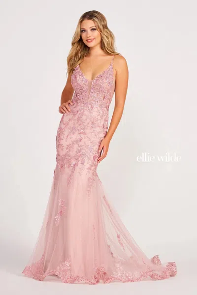 Ellie Wilde Ew34067 Fitted Long Formal Applique Prom Dress In Pink