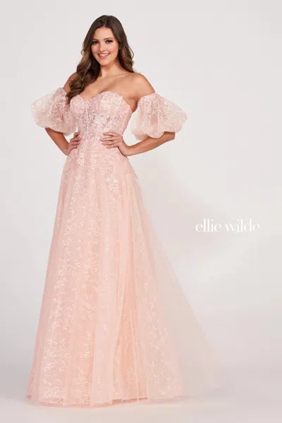 Ellie Wilde Ew34073 Long Ball Gown Detachable Sleeve Prom Dress In Pink