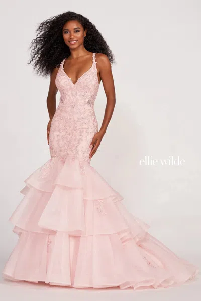 Ellie Wilde Ew34082 Prom Mermaid Beaded Long Ball Gown In Pink
