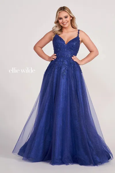 Ellie Wilde Ew34086 Prom Long Formal Pocket Evening Gown In Blue