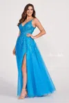 Ellie Wilde Ew34089 Long Glitter Applique Prom Ball Gown In Blue