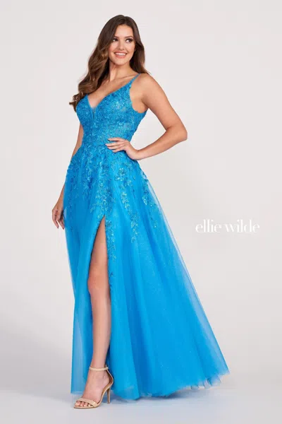 Ellie Wilde Ew34089 Long Glitter Applique Prom Ball Gown In Blue