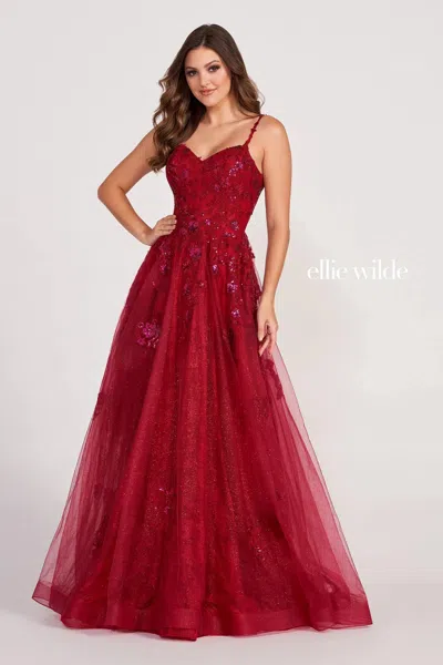 Ellie Wilde Ew34117 Long  A Line Formal Prom Dress In Burgundy