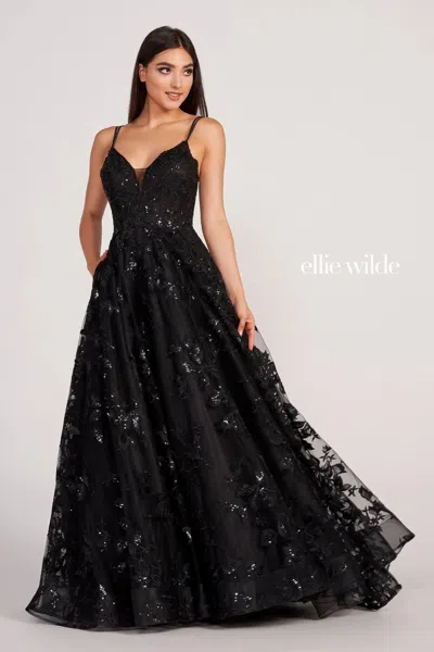 Ellie Wilde Ew34119 A Line Long Prom Dress In Black