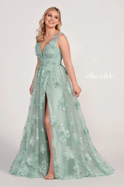 Ellie Wilde Ew34121 Long A Line Prom Dress In Green