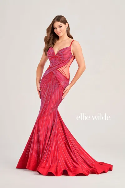Ellie Wilde Ew35001 Long Formal Fitted Evening Prom Dress In Red