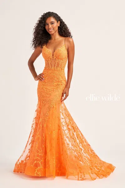 Ellie Wilde Ew35010 Long Fitted Formal Glitter Prom Dress In Orange