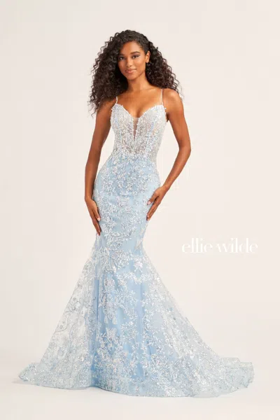 Ellie Wilde Ew35013 Prom Fitted Formal Glitter Long Gown In Blue