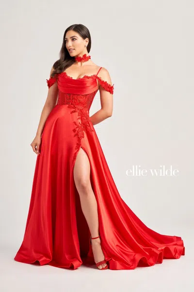 Ellie Wilde Ew35029 Long Formal Beaded Applique Prom Gown In Red
