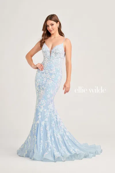 Ellie Wilde Ew35048 Long Mermaid Formal Beaded Prom Dress In Blue