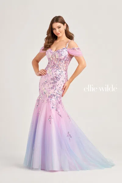 Ellie Wilde Ew35056 Long Beaded Mermaid Prom Dress In Pink