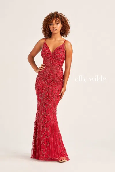 Ellie Wilde Ew35065 Long Formal Fitted Evening Prom Gown In Burgundy