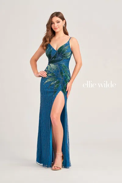 Ellie Wilde Ew35066 Formal Long Sequin Fitted Prom Gown In Blue
