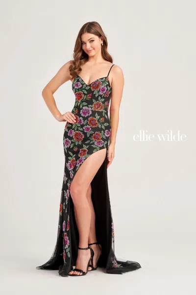 Ellie Wilde Ew35069  Fitted Long Formal Floral Beaded Prom Gown In Multi