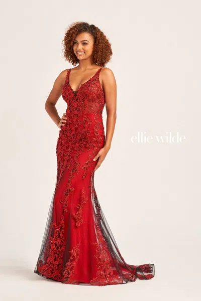 Ellie Wilde Ew35071 Long Fitted Glitter Formal Prom Gown In Burgundy