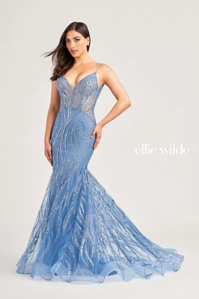 Ellie Wilde Ew35098 Long Formal Fitted Evening Prom Dress In Blue
