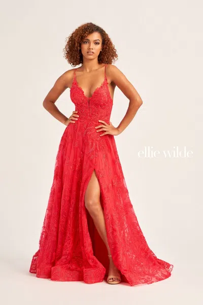 Ellie Wilde Ew35103 Long Formal Glitter Evening Prom Dress In Red