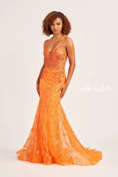 Ellie Wilde Ew35104 Prom Long Fitted Sequin Formal Dress In Orange