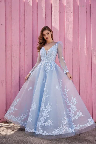 Ellie Wilde Ew35106 Long Formal Prom Ball Gown With Detachable Sleeves In Blue