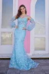 Ellie Wilde Ew35107 Long Fitted Formal Prom Gown With Detachable Sleeves In Blue
