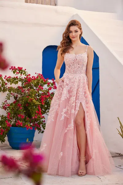 Ellie Wilde Ew35114 Long Glitter Ball Gown Pocket Prom Dress In Pink