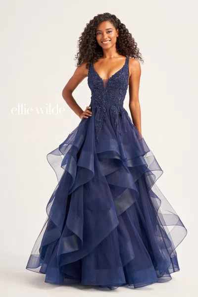 Ellie Wilde Ew35119 Long Beaded Prom Ball Gown In Blue