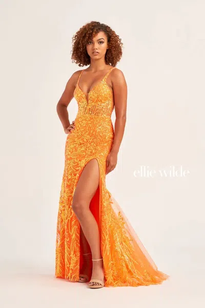 Ellie Wilde Ew35201 Long Formal Sequin Pocket Prom Dress In Orange