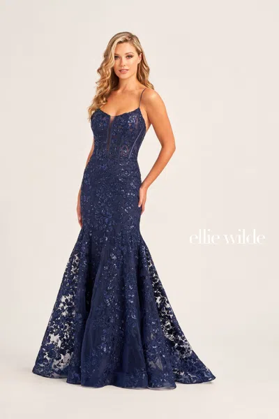 Ellie Wilde Ew35203 Long Mermaid Formal Evening Prom Dress In Blue