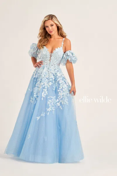 Ellie Wilde Ew35205 Long Ball Gown Beaded Pocket Prom Dress In Blue