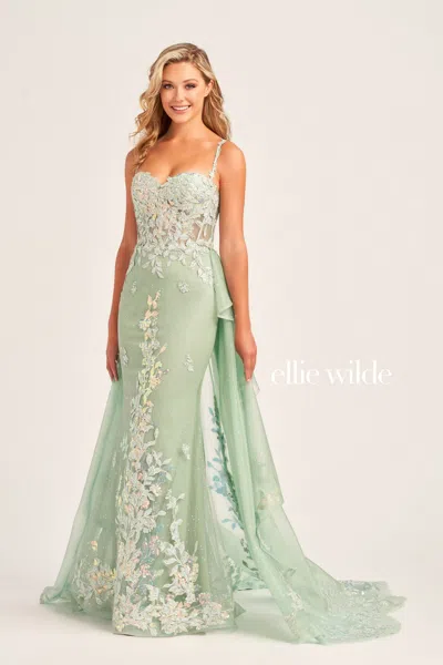 Ellie Wilde Ew35207 Long Formal Glitter Overskirt Prom Gown In Green