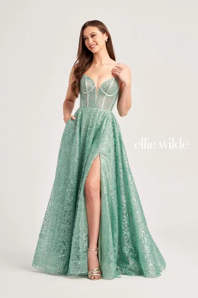 Ellie Wilde Ew35216 Long Beaded Formal Pocket Prom Dress In Green