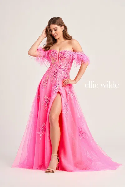 Ellie Wilde Ew35220 Long Formal Glitter Detachable Sleeve Prom Gown In Pink