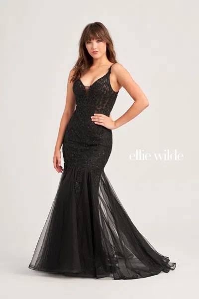 Ellie Wilde Ew35227 Glitter Mermaid Long Formal Prom Gown In Black
