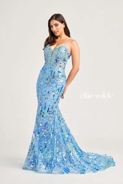 Ellie Wilde Ew35228 Long Mermaid Glitter Formal Prom Gown In Purple