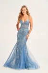 Ellie Wilde Ew35236 Long Formal Glitter Mermaid Evening Prom Gown In Blue
