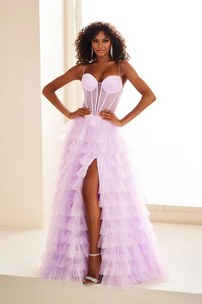 Ellie Wilde Ew36029 Long High Slit A Line Ruffle Formal Prom Dress In Purple