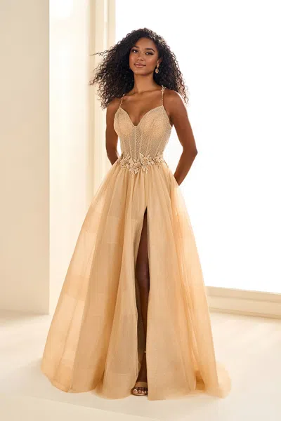 Ellie Wilde Ew36058 A Line Slit Long Side Pocket Glitter Prom Dress In Gold