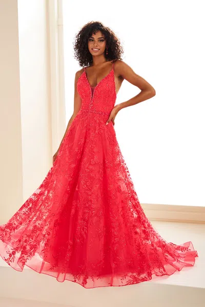 Ellie Wilde Ew36088 Long Floral A Line Formal Prom Dress In Red