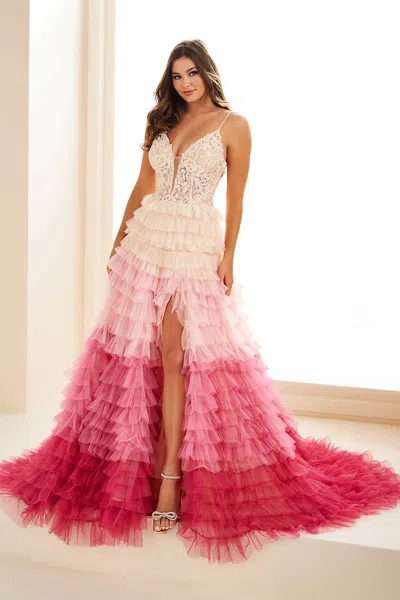 Ellie Wilde Ew36097 Beaded Long Formal Layered A Line Prom Dress In Pink