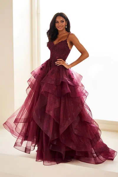 Ellie Wilde Ew36203 Long Ball Gown Glitter Lace Formal Prom Dress In Burgundy