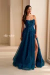 Ellie Wilde Ew36222 Long Glitter Stone Accent Formal A Line Prom Dress In Blue